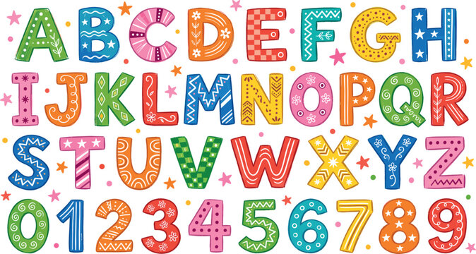 Alphabet and Numbers Illustration Featuring Decorative Letters and Digits in Colorful Vector Artwork