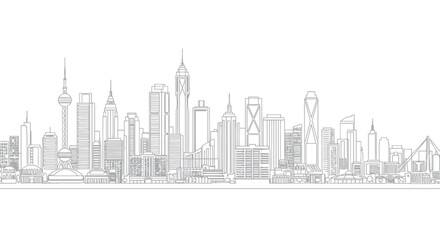 Fototapeta premium Modern City Skyline Outline Drawing - Urban Landscape Sketch