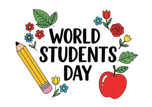 World students day celebration text with pencil and red apple illustration in pixel art style