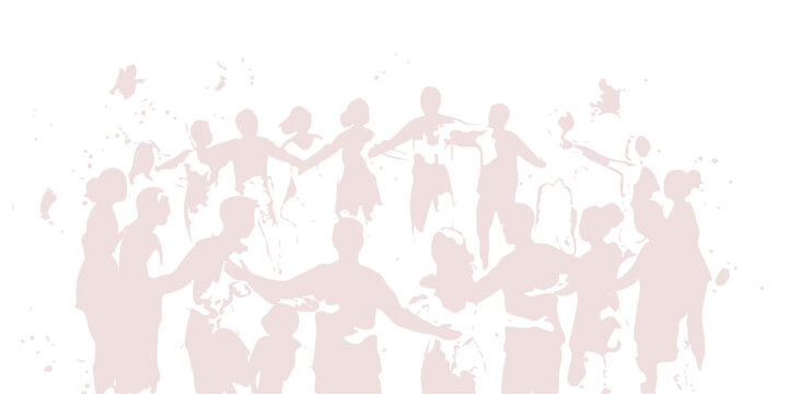 A vector illustration of a fun party crowd featuring a group of people and silhouettes of men and women dancing together as a team to represent a leadership concept