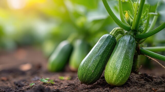 Fresh green zucchinis growing on a plant in a garden, with soil and blurred foliage in the background illuminated by warm sunlight