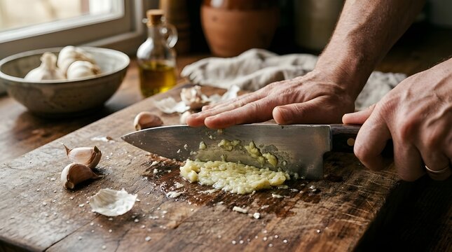 A person chopping garlic cloves on a wooden cutting board in a kitchen with a bowl of garlic and oil bottle in the background