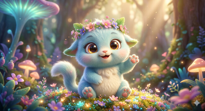 Cute fluffy blue fantasy creature smiling in a magical glowing forest