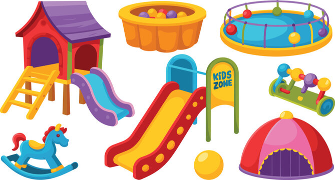 Colorful Kids Zone Playground Equipment Icon Set with Slides, Ball Pit, Rocking Horse, and Play Area Elements for Design