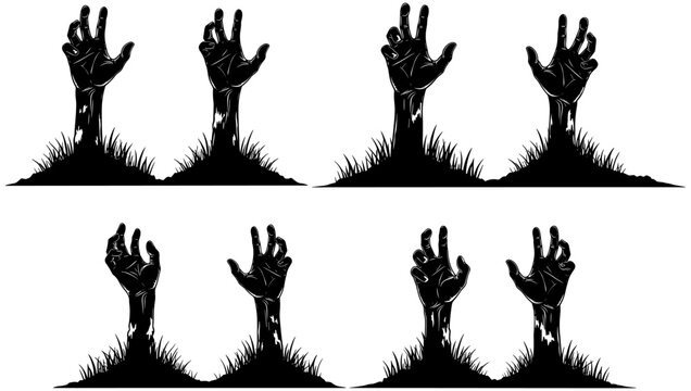 Creepy zombie hands rising from ground silhouette set isolated on white background