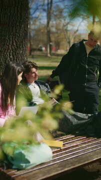 High school friends gather in a sunny park, engaged in an outdoor study session. Young students collaborate on assignments and discuss topics in a natural environment.