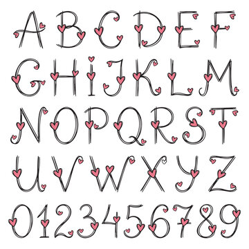 Decorative alphabet letters with hearts vector illustration