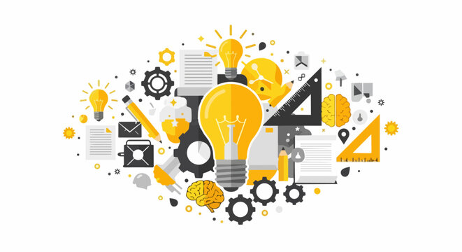 Creative Process and Innovation Concept with Lightbulb, Gears, and Brain Icons in Flat Design Style