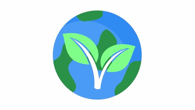 Green leaf sprout on the Earth globe icon isolated on the alpha channel. Global environmental conservation symbol with minimalist plant and world map in cartoon animation.
