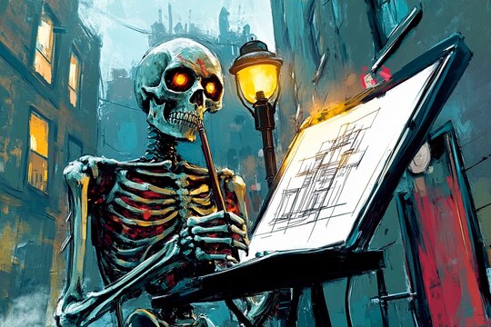 Skeleton architect sketches in a foggy steampunk city at dusk