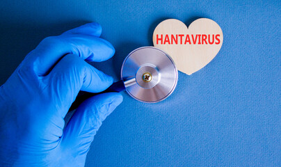 Plakat Hantavirus medical words symbol. Concept words Hantavirus on beautiful white card. Beautiful blue background. Doctor hand. Stethoscope. Wooden heart. Medical Hantavirus concept. Copy space.