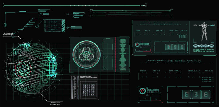 Futuristic heads up display with glowing green data on black background. Sci fi interface includes charts, human scan, biohazard symbol sphere. High tech concept for technology cyber security