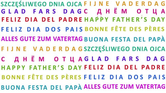 A vibrant multilingual seamless animated video featuring the phrase Happy Fathers Day in colorful motifs with scrolling down effect