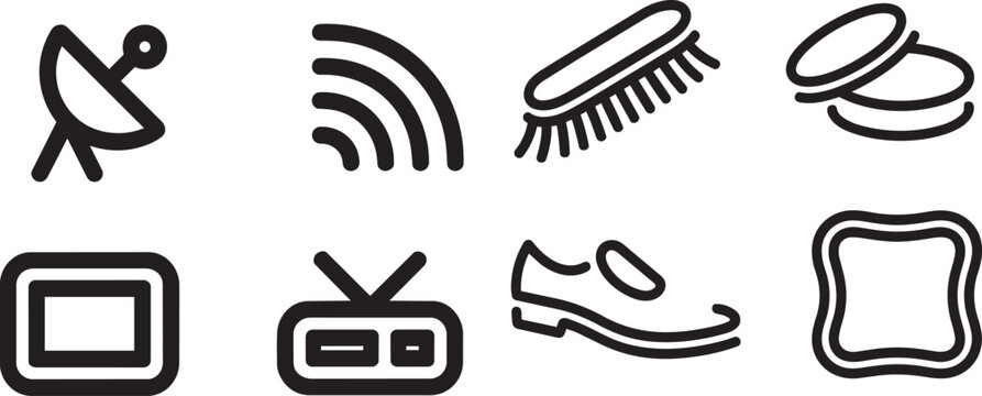 Common household objects and communication icons set with outline line art style for web with radio
