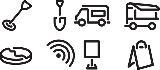 Diverse icons set for travel and outdoor activities with clean lines with pie chart metal with shovel © Yasin