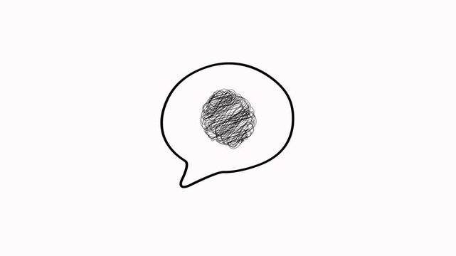Looped animation of black speech bubble with tangled scribble brain on white background for educational content, mental health topics, representing a chaotic mind or the burdens of stress and anxiety