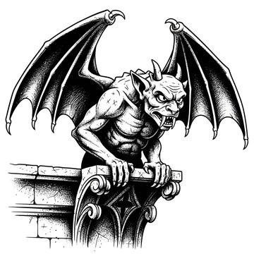 Winged gargoyle monster perched on cathedral ledge isolated on white