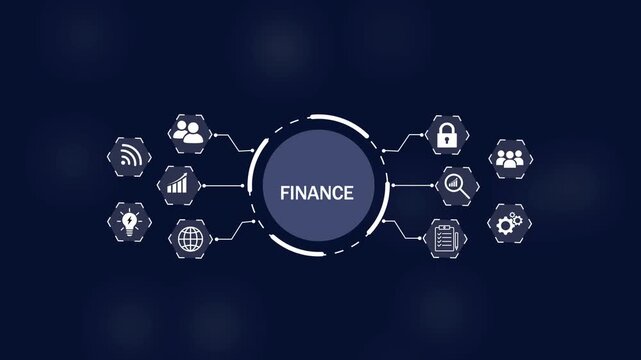 Central circular with the word FINANCE in white text surrounded by interconnected hexagonal representing business on Black Background and features 4k Motion graphics video