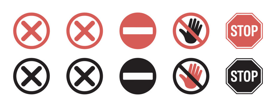 Vector illustration prohibition and stop signs icon set, flat warning symbols, no entry restriction icons, safety signage design