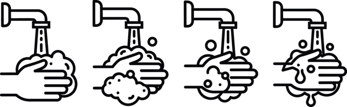 Hand washing steps icon sequence: water flow soap lather rinsing drying with cleaning, sanitation