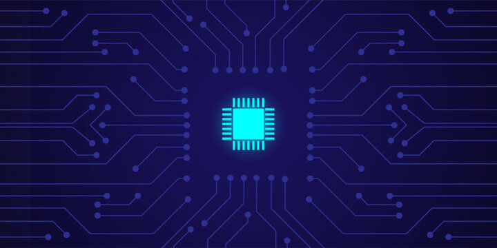 Abstract digital technology circuit board illustration with glowing blue central processor unit