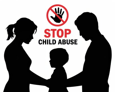 Stop Child Abuse awareness poster with family silhouette isolated on white background