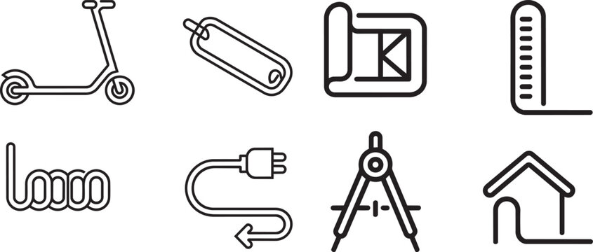 Everyday objects technology and design icons set outline style with scooter blueprint ruler compass
