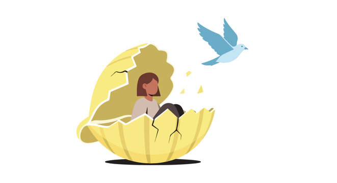 A young woman sits inside a large, broken yellow eggshell while a blue bird flies away, symbolizing growth and freedom.