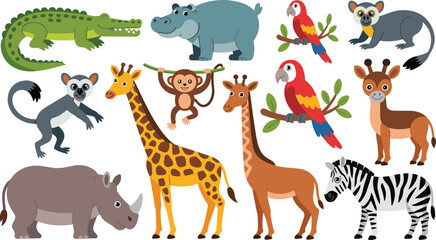 Colorful Cartoon Safari Animal Collection with Giraffe Zebra Crocodile Hippo Monkey and Parrot for Kids Design Projects © AFRUZA