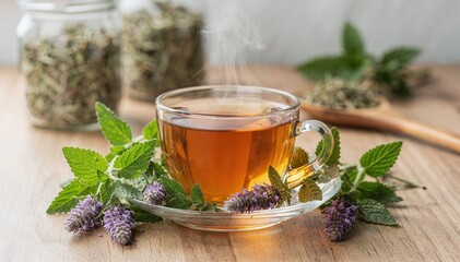 Naklejka premium Aromatic herbal tea with steaming hot beverage in a clear glass cup, fresh green herb sprigs, and dried leaves on a rustic wooden surface