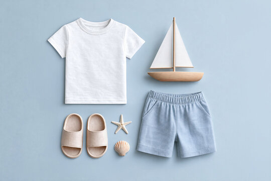 Kids summer outfit mockup flat lay with white t-shirt, blue shorts, sandals and nautical decor on pastel blue background. Children fashion, beach style, vacation and minimal aesthetic concept