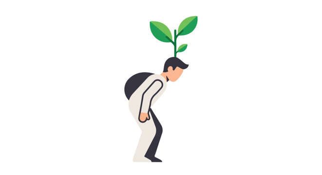 A minimalist illustration of a hunched person with a green sprout growing from their head, representing personal growth and potential.