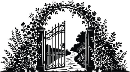 Floral iron gate opening to a path through a beautiful garden with climbing roses arches
