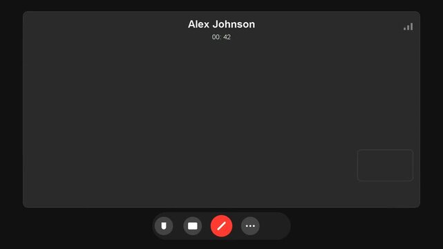 Video call interface template with dark mode UI, digital meeting screen overlay with control icons, virtual conference call mockup for video editing