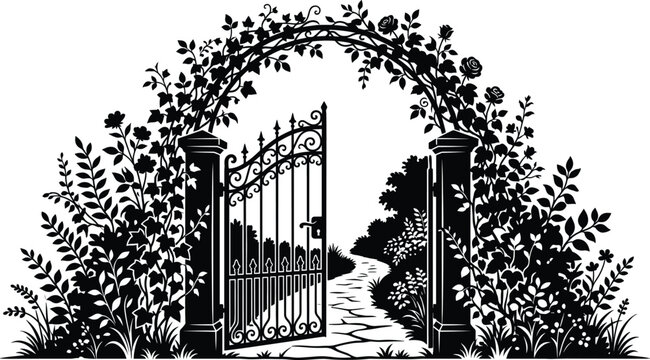 Floral iron gate opening to a path through a beautiful garden with climbing roses arches
