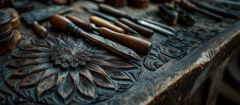 Wood carving. Illustrations on the topics of hobbies and creativity, lifestyle, and decor.