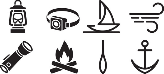 Fototapeta premium Outdoor adventure icons set depicting adventure gear and elements like a lantern and sailboat