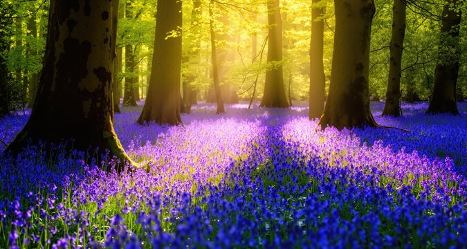 Sunlight illuminating woods with a carpet of bluebells
