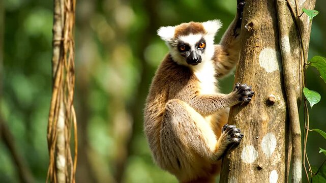 Ring tailed lemur perched on tree trunk in tropical forest