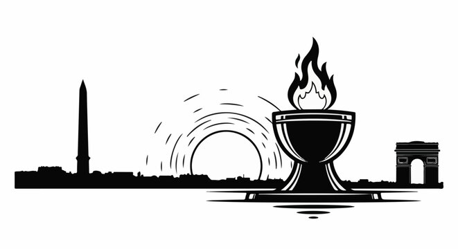 Silhouette of iconic landmarks with a flaming torch and rising sun