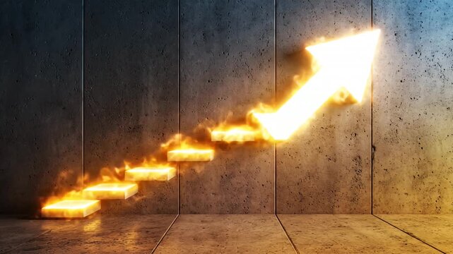 Rising concrete arrow with glowing steps symbolizing business growth