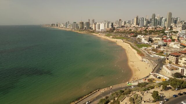 Aerial View of Tel Aviv Skyline and Mediterranean Beach Jaffa Israel