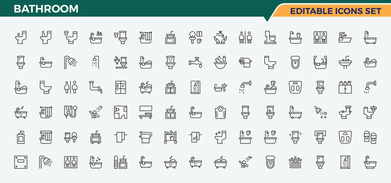 Bathroom icon set. Vector icons collection. Pictogram and infographic. Toilet vector icon set. Pictograms of room, bath, wash room, sanitary and more.