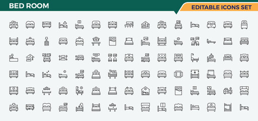 Set of Bed Room line icon. Contains such symbols as living, house, furniture, home, bed, bedchamber, room and more. Minimalist editable vector stroke. Bed icon set. Vector collections. © Cats2udio