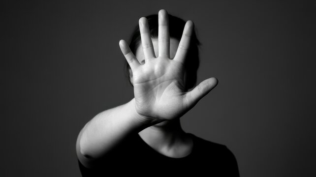 Dramatic black and white portrait of a person holding out their hand to signal stop