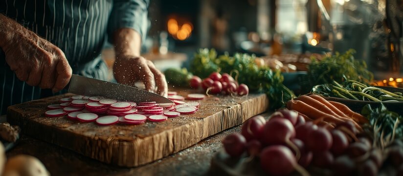 A man chops vegetables with a knife in the kitchen. Illustration on the theme of nutrition and cuisine, taste, and health.