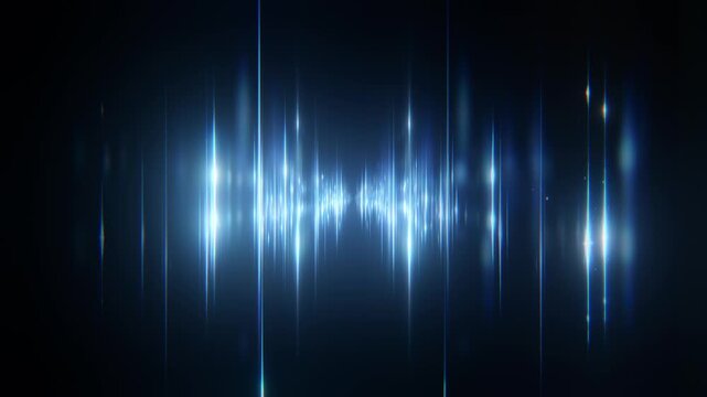 Looping video of glowing blue and white vertical light flares with a tunnel perspective camera fly-through effect on dark background. Ideal for music, concert, technology, and motion graphic projects.