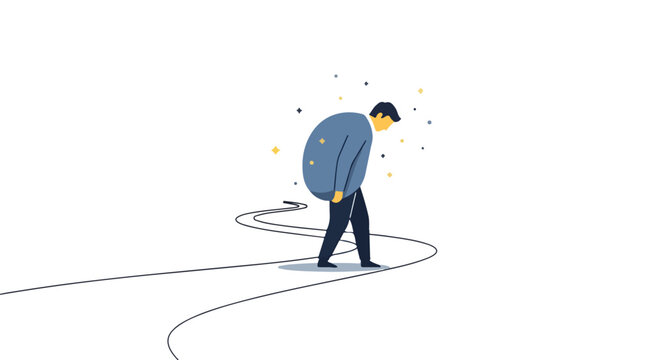 A weary man with a hunched posture walks along a winding path, surrounded by floating stars in a minimalist vector illustration of life's journey.