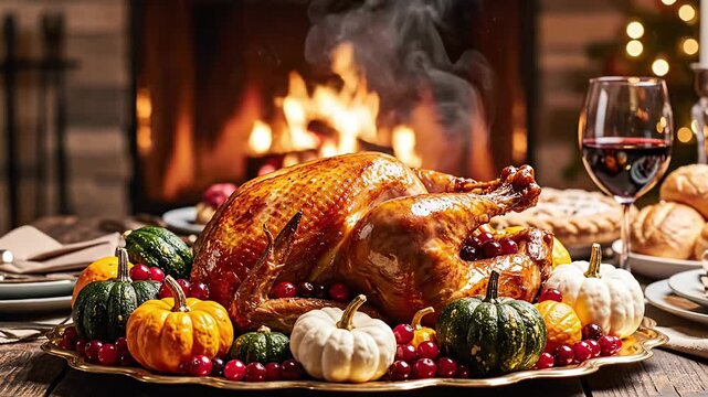 Roasted turkey with pumpkins on table near cozy fireplace