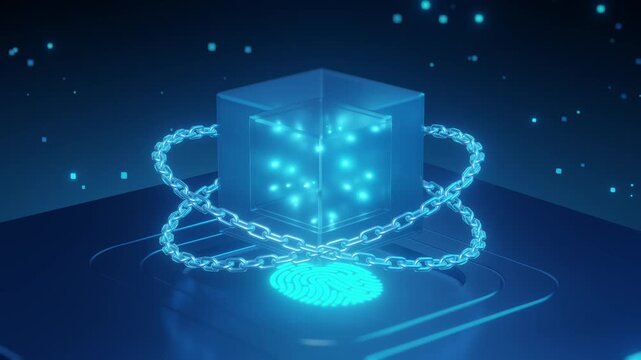 3D glowing glass cube wrapped in chains with a cyan fingerprint scanner on dark blue background. Ideal for blockchain security, data protection, digital identity, and cybersecurity concepts.